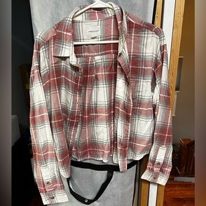 Pink and white cropped flannel